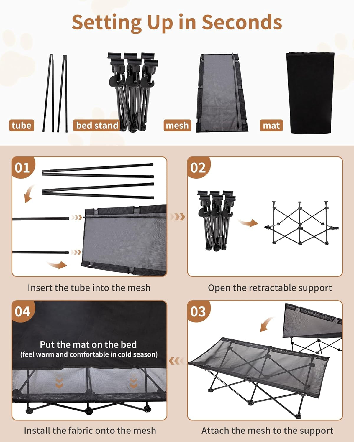 Elevated Dog Bed for Large Dogs, Outdoor Raised Cooling Pet Cot Bed with Washable Breathable Mesh & No-Slip Feet Perfect for Camping, Backyard, Indoor Use (Large, Black)