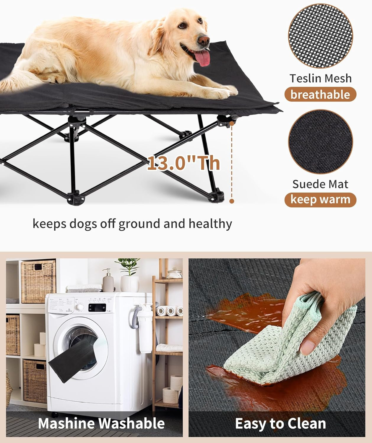 Elevated Dog Bed for Large Dogs, Outdoor Raised Cooling Pet Cot Bed with Washable Breathable Mesh & No-Slip Feet Perfect for Camping, Backyard, Indoor Use (Large, Black)