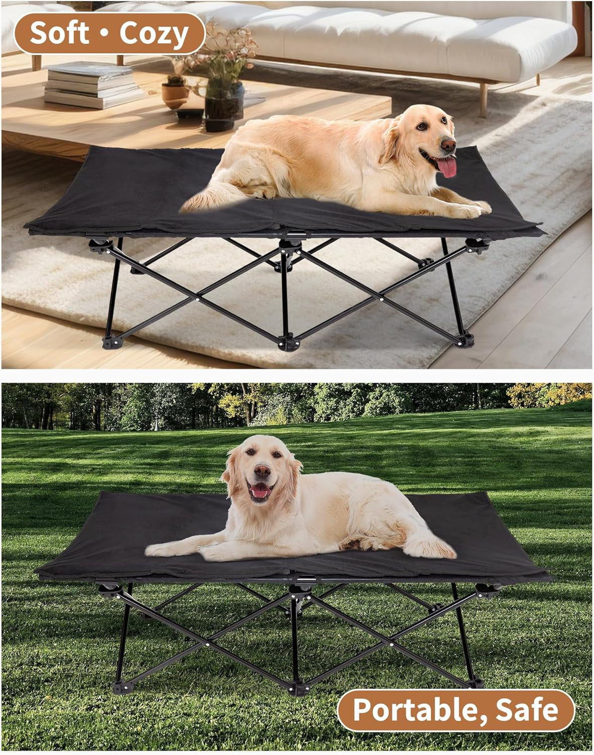 Elevated Dog Bed for Large Dogs, Outdoor Raised Cooling Pet Cot Bed with Washable Breathable Mesh & No-Slip Feet Perfect for Camping, Backyard, Indoor Use (Large, Black)