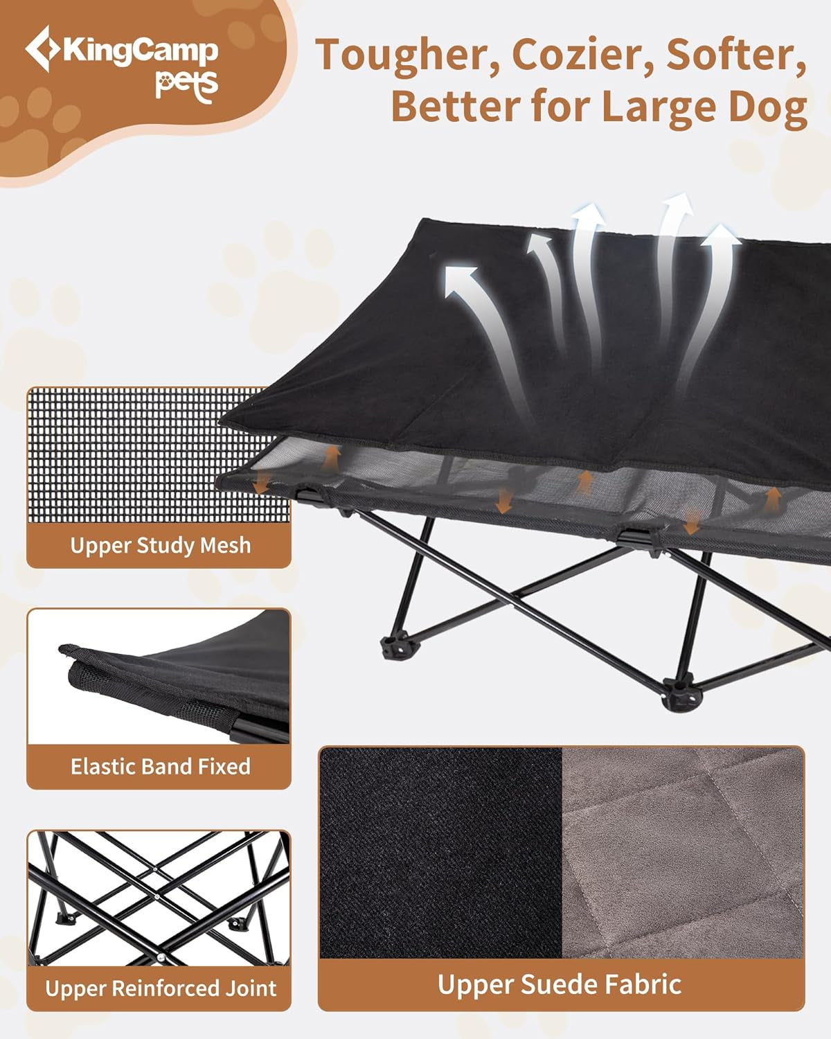 Elevated Dog Bed for Large Dogs, Outdoor Raised Cooling Pet Cot Bed with Washable Breathable Mesh & No-Slip Feet Perfect for Camping, Backyard, Indoor Use (Large, Black)